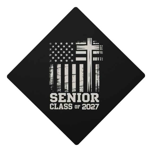 Senior Class Of 2027 USA Flag Cross Christian Grad Graduation Cap Topper (Front)