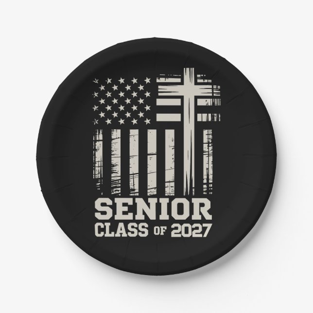 Senior Class Of 2027 USA Flag Cross Christian Grad Paper Plate (Front)