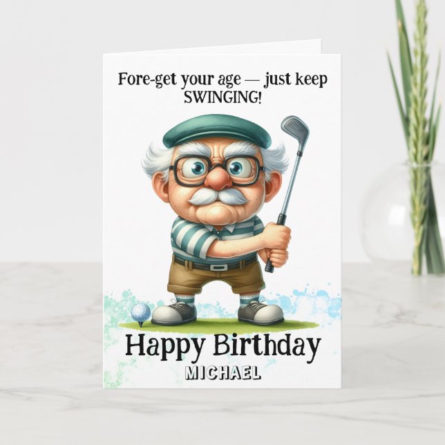 *~* Senior Man Golf Swinging AP94 Birthday Card (Front)