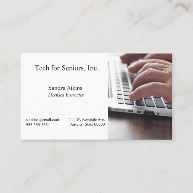 Senior man hands on laptop keyboard business card (Front)