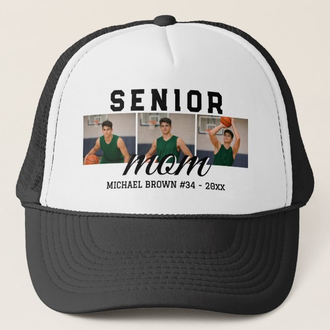 Senior Mom Custom 3 Photo Collage Basketball Trucker Hat (Front)