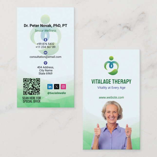 Senior Wellness Therapy | Modern Green Potrait Business Card (Front/Back)
