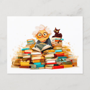 Senior woman reading in books with cheerful expres holiday postcard