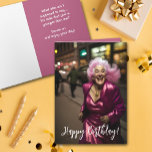 Senior Woman's Birthday Greeting Card<br><div class="desc">Birthday greeting card features an older woman dancing in the street on the front and your custom greeting - or use ours - on the inside. Order PRINTED or INSTANT DOWNLOAD! More designs in our collection.</div>