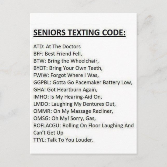 Seniors Texting Code Postcard (Front)