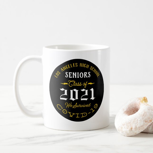 Seniors We Survived Covid Graduation Black Gold Coffee Mug (With Donut)