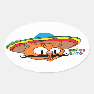 Senor Gato Cartoon Mustache Cat  Oval Sticker