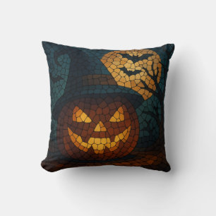 Sensational Mosaic Pumpkin Halloween Throw Pillow