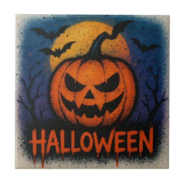 Sensational Spray Art Pumpkin Halloween Tile (Front)