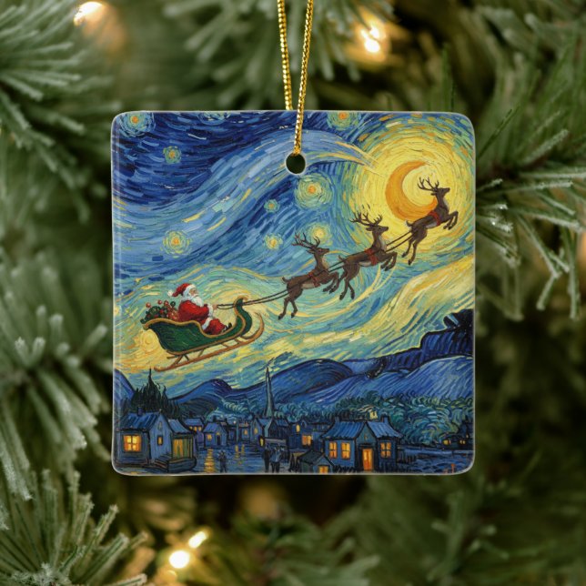Sensational Van Gogh-esque Santa Rudolph Ceramic Ornament (Tree)