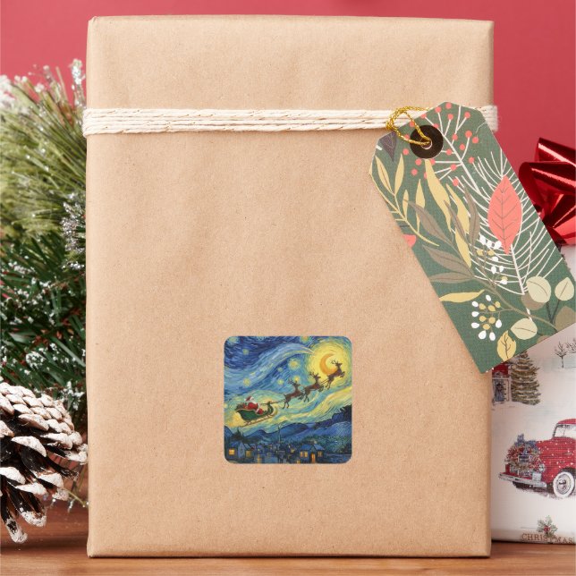 Sensational Van Gogh-esque Santa Rudolph Square Sticker (Holiday)