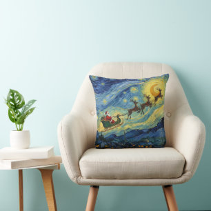 Sensational Van Gogh-esque Santa Rudolph Throw Pillow