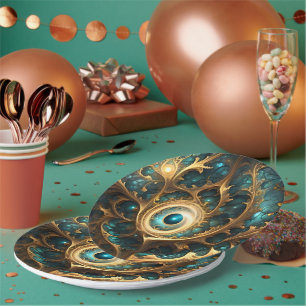 Sense Of Sight Teal And Gold Fractal Abstract Art, Paper Plate