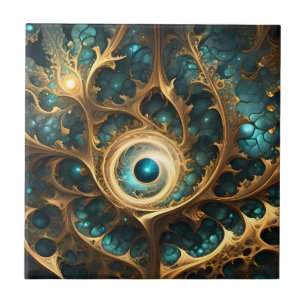 Sense Of Sight Teal And Gold Fractal Abstract Art, Tile