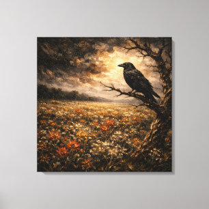Sentinel of the Meadow: Stormy Raven & Wildflowers Canvas Print