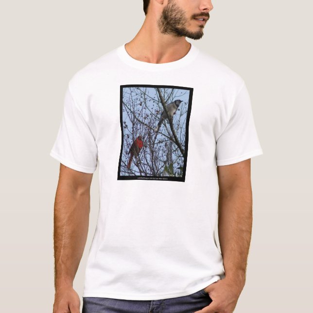 Sentinels Blue Jay and Cardinal by Lee Hiller T-Shirt (Front)