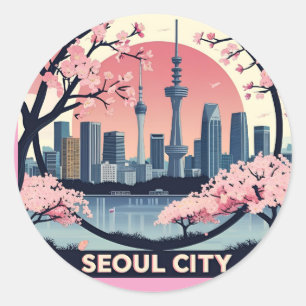  Seoul City  Modern Skyline Retro Art South Korea Classic Round Sticker