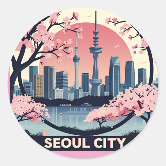  Seoul City  Modern Skyline Retro Art South Korea Classic Round Sticker (Front)