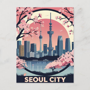 Seoul City Modern Skyline Retro Art South Korea Postcard