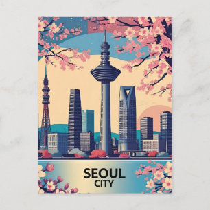 Seoul City Modern Skyline Retro Art South Korea Postcard