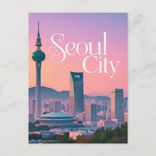  Seoul City  Modern Skyline Retro Art South Korea Postcard