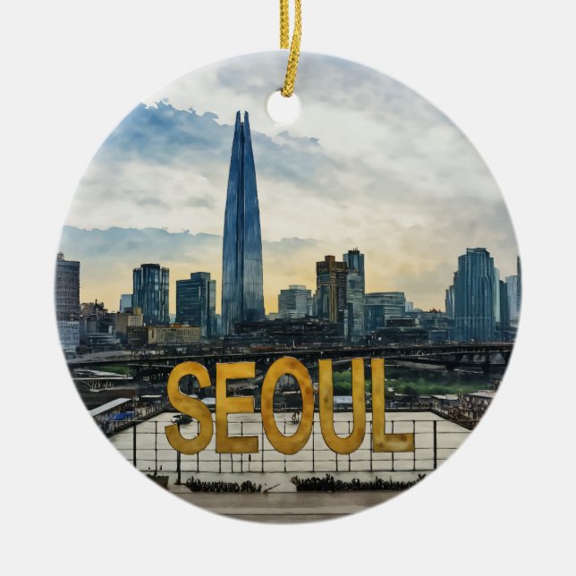 Seoul Korea Watercolor Ceramic Ornament (Front)