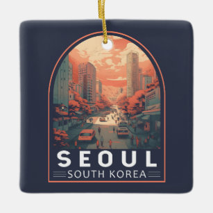 Seoul South Korea Illustration Art Vintage Badge Ceramic Ornament