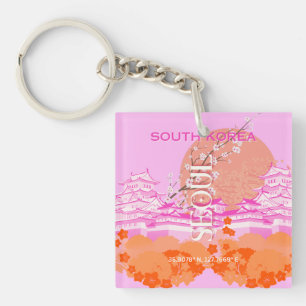 Seoul South Korea Travel Art, Pink Keychain