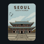Seoul South Korea Travel Art Vintage Magnet<br><div class="desc">Seoul retro vector art design. Seoul,  the capital of South Korea,  is a huge metropolis where modern skyscrapers,  high-tech subways and pop culture meet Buddhist temples,  palaces and street markets.</div>