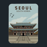 Seoul South Korea Travel Art Vintage Magnet<br><div class="desc">Seoul retro vector art design. Seoul,  the capital of South Korea,  is a huge metropolis where modern skyscrapers,  high-tech subways and pop culture meet Buddhist temples,  palaces and street markets.</div>