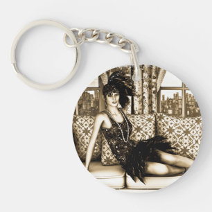 Sepia Art Deco Flapper Woman Illustration Keychain
