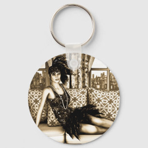 Sepia Art Deco Flapper Woman Illustration Keychain