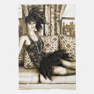 Sepia Art Deco Flapper Woman Illustration Kitchen Towel