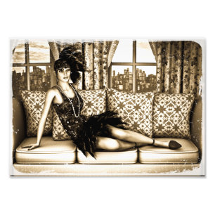Sepia Art Deco Flapper Woman Illustration Photo Print