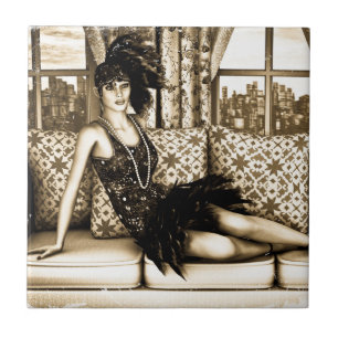 Sepia Art Deco Flapper Woman Illustration Tile
