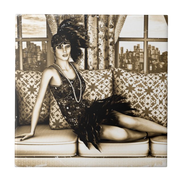 Sepia Art Deco Flapper Woman Illustration Tile (Front)