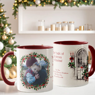 Sepia Back Christmas Window and Holly Photo Mug