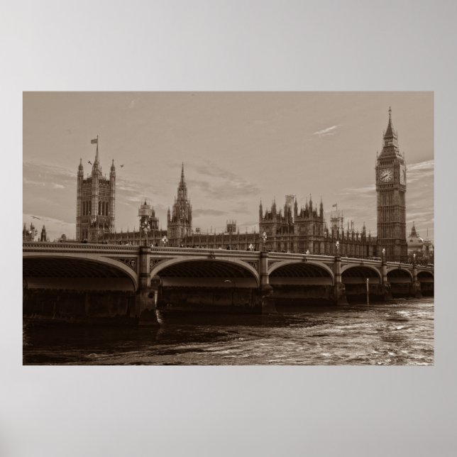 Sepia Big Ben Tower Palace of Westminster Poster (Front)