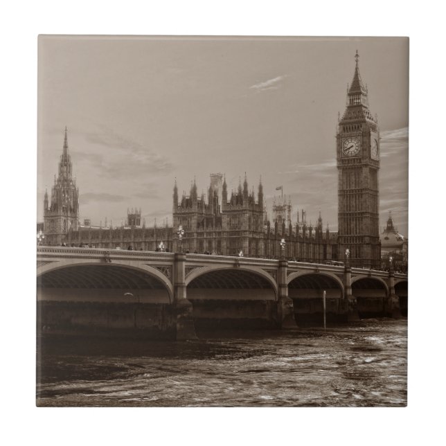 Sepia Big Ben Tower Palace of Westminster Tile (Front)