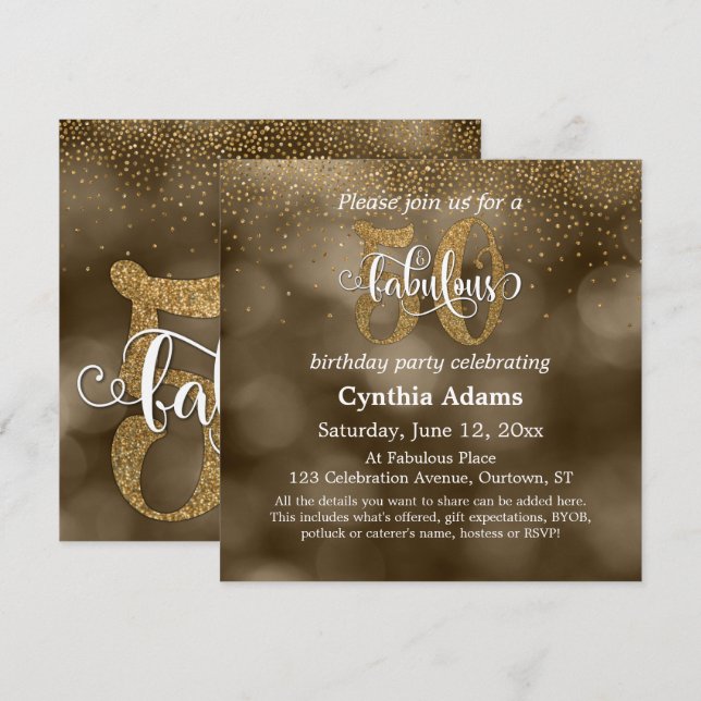 Sepia Bokeh, Gold Glitter & Script 50 & Fabulous Invitation (Front/Back)