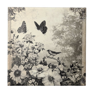 Sepia Botanical Birds Butterflies Vintage Tile