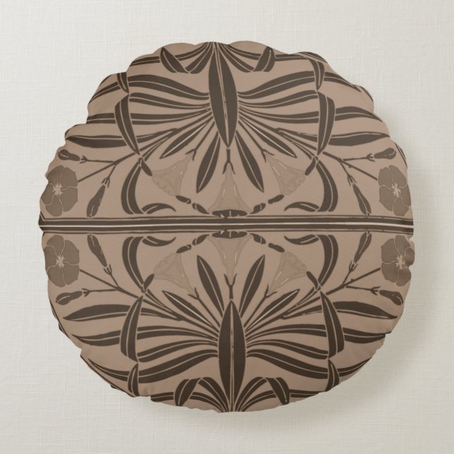 Sepia Brown Art Nouveau Round Pillow (Front)
