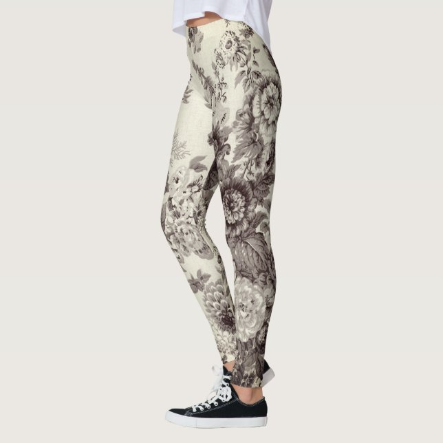 Sepia Brown Cream Botanical Floral Toile No.2 Leggings (Left)
