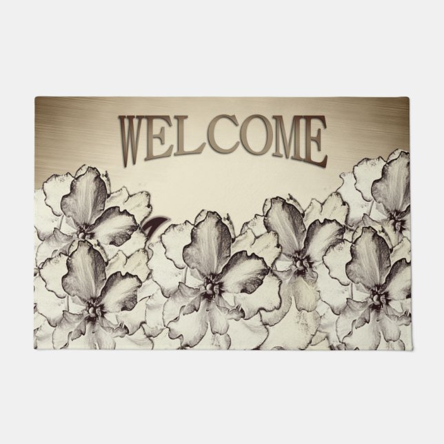 Sepia Brown Orchid Garden Sketch Doormat (Front)