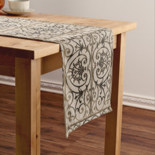 Sepia brown scrollwork pattern short table runner