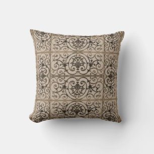 Sepia brown scrollwork pattern throw pillow