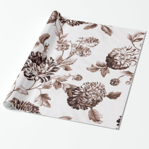 Sepia Brown Vintage Botanical Floral Toile Wrapping Paper