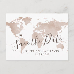 Sepia Brown Watercolor World Map Save the Date Announcement Postcard