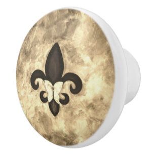 Sepia Butterfleur   Tan Butterfly on Fleur de Lis Ceramic Knob