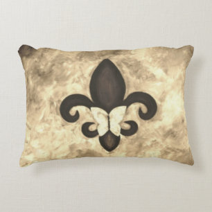 Sepia Butterfleur   Tan Butterfly on Fleur de Lis Decorative Pillow